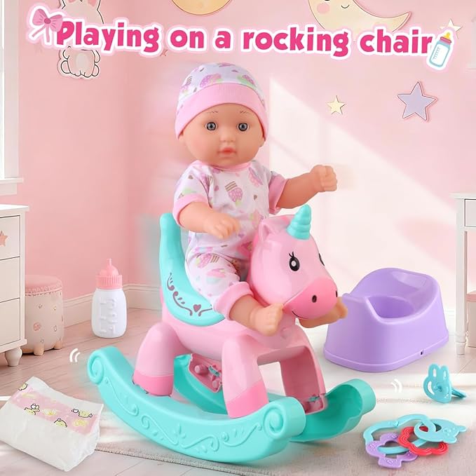 Baby Doll Bath Toys Set with Bathtub, 11" Baby Dolls, Rocking Chair,Swimming Ring, 2 Sets Baby Dolls Clothes and 15 PCS Doll Accessories.Perfect Pretend Play Toddler Toy Gift for Girls Aged 3 4 5 6.