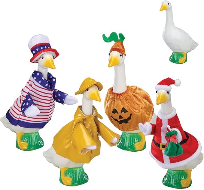 Fox Valley Traders Gaggleville 7" Desktop Goose Figurine with All Seasons Outfit Bundle – Includes 4 Adorable Seasonal Costumes for Spring, Summer, Fall & Winter – Fun Indoor Décor & Gift Idea