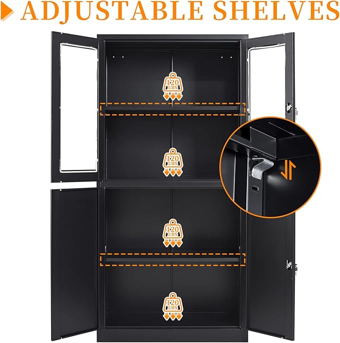 Black Metal Storage Cabinet with Glass Doors, 71" Locking Glass Door Cabinet with 2 Adjustable Shelves, Steel Storage Cabinet with 4 Doors for Home, Living Room, Bathroom