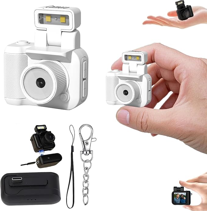 Gsnagole Retro Snap Camera，Mini Nostalgic Vintage View，Tiny Snaps，Keychain Digital Photo Camera，Llavero Mini CáMara Retro，1080p Hd with Led Flash Light (White Without Memory Card)