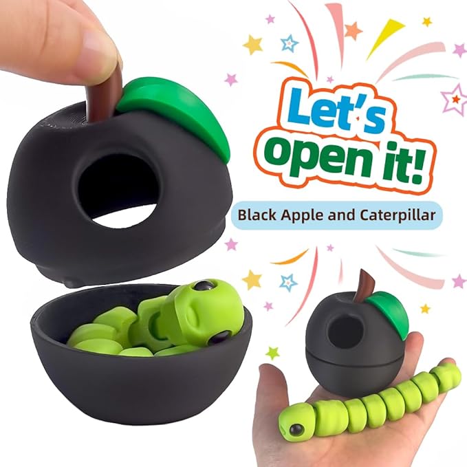 3D Printed Apple Container with Worm Flexi Inside,3D Printed Animals Toys,STEM Educational Toy for Nature Learning,Fun Sensory Fidget Toy for Kids, Unique Fun Decoration (Black)