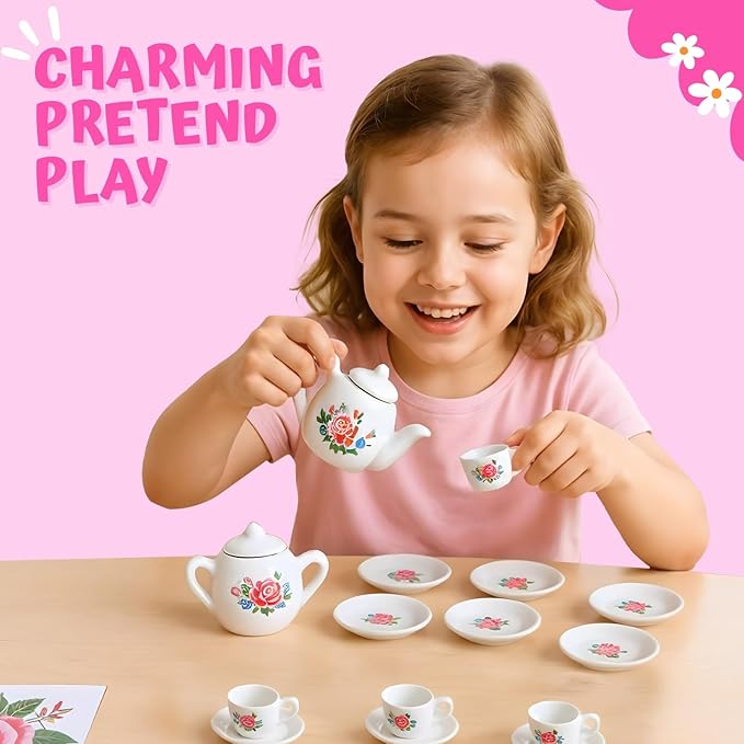 17 Pieces Floral Miniature Porcelain Ceramic Tea Set - Pretend Play Kids Toy Mini Kitchen Playset, Fun Doll Dramatic Play for Little Girls, Kids