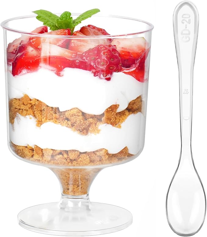 5 oz Mini Dessert Cups with Spoons, 40 Pack Small Dessert Cups Plastic Footed Wine Glasses for Serving Trifles, Appetizers, Puddings, Mousse, Parfait