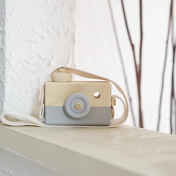 Baby Toy Wooden Mini Camera Toy, Baby Kids Cute Mini Sharpe Toy, Neck Hanging Photographed Props for Baby Toddlers Children Kids' Room Hanging Decor Gift (Gray)