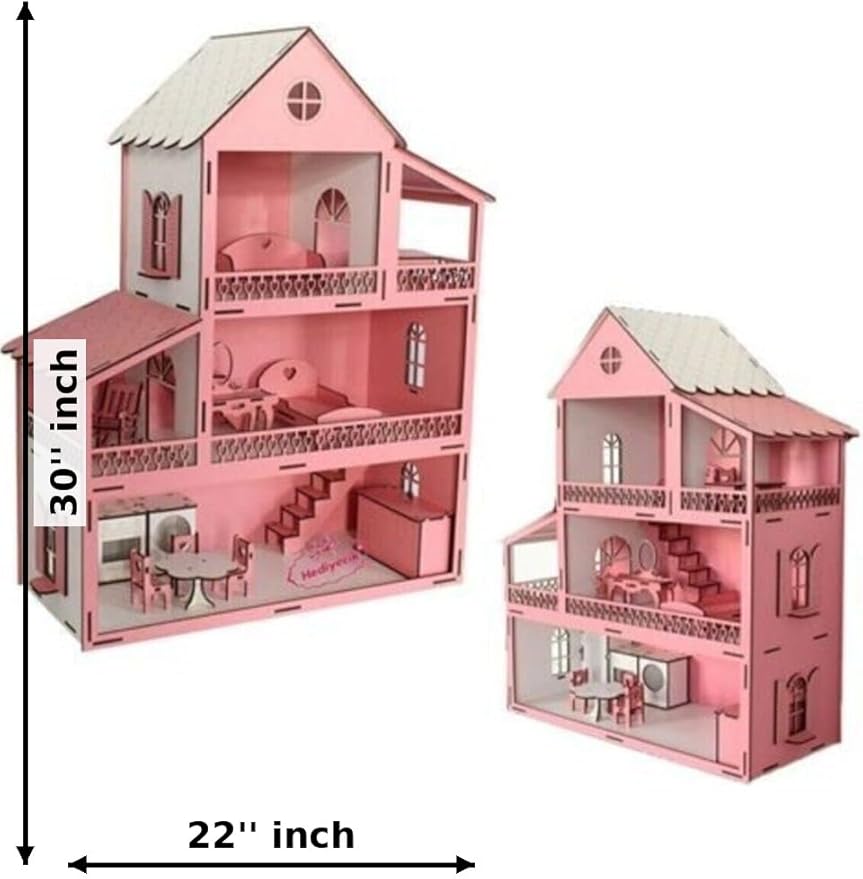 Wooden Doll House with Led Lights Set and Furniture Accessories, Large Size Pink Wooden Dream House, Dollhouse