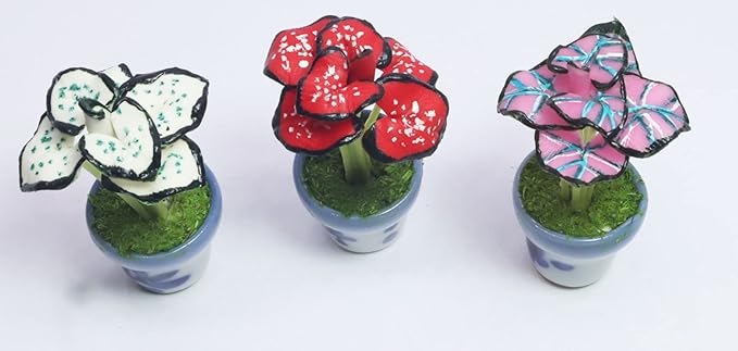 3 Pieces 1:12 Dollhouse Miniature Artificial Flower Plants in Ceramic Pot, Green Star Caladium,Crimson Skye,Pink Gam Dollhouse Accessories for Collectibles and Home Decoration