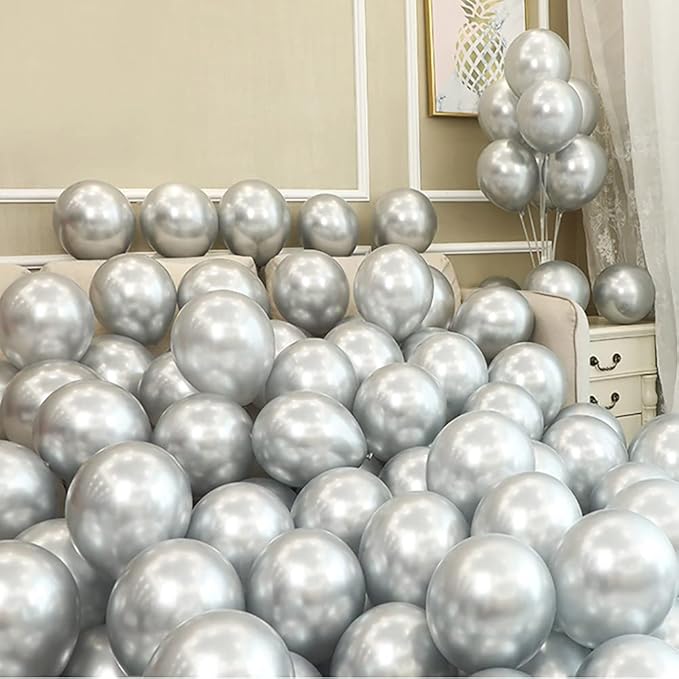 5 inch Metallic Silver Balloons, 100 pcs Thick Chrome Birthday Latex Helium Balloon (Metallic Silver)