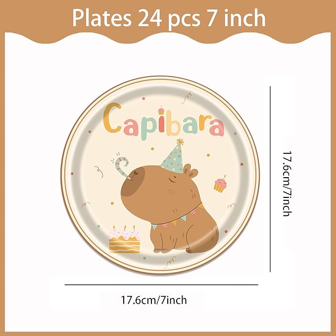 96 Pcs Capybara Party Decorations Pack for Boys Girls, Cute Capybara Birthday Supplies Includes Plates, Napkins, Forks for Animals Themed Party Supplies, Serve 24