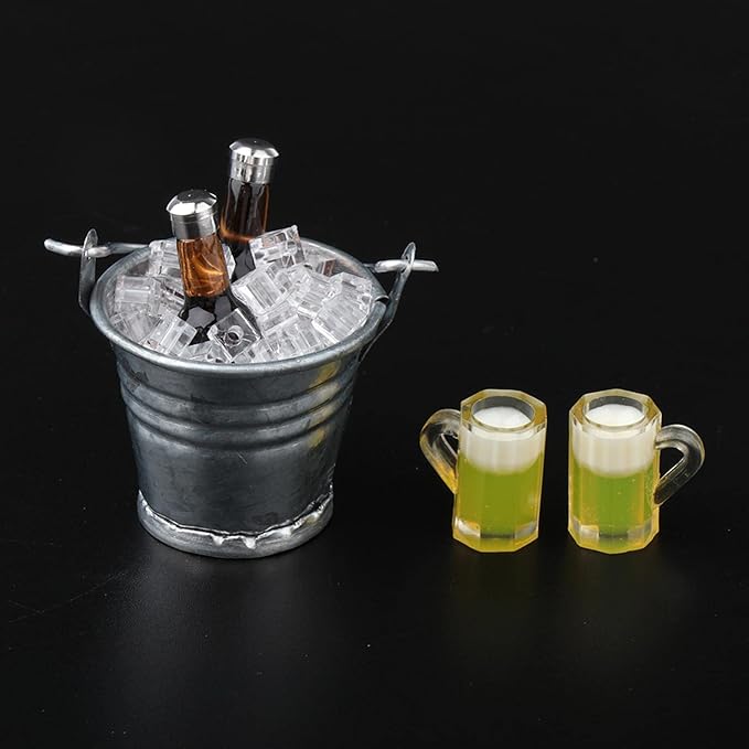 1 12 Doll House Accessories Miniature Ice Bucket with 2 Bottles and - for Dollhouse Kitchen Pub Bar Decor Scenes Making
