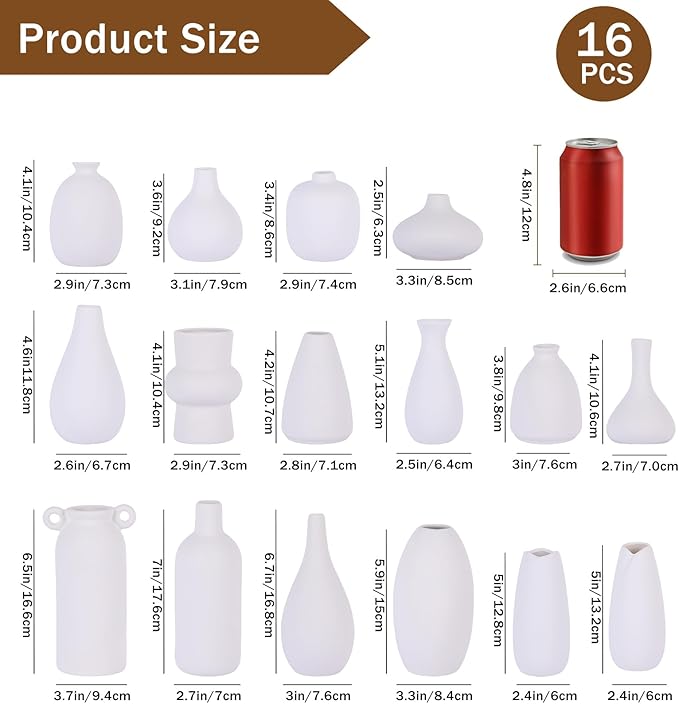 Paintable Vase Set of 16 White Small Bud Vases for Flowers, Clay Vase Bulk for Wedding Decorations Pampas Grass Centerpieces, Boho Mini Ceramic Vases for DIY Painting Home Dining Table Decor