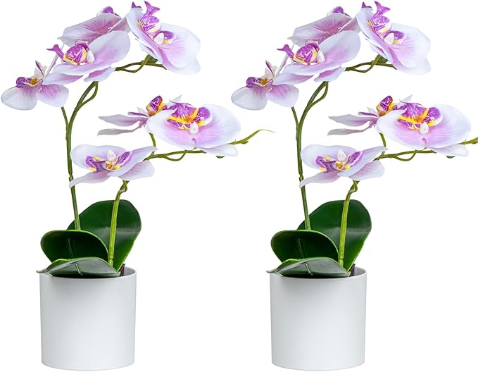 XONOR Artificial Orchid Flowers, 2 Pieces Potted Fake Orchids with Plastic Vase for Table Centerpiece Home Decor Office Wedding Party Decoration