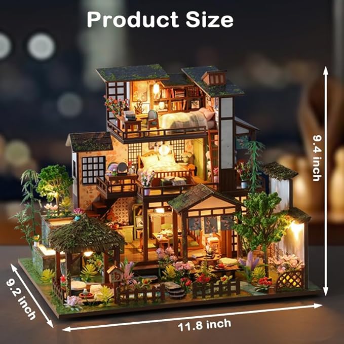 DIY Miniature Dollhouse Kit, Mini House Making Kit with Light, Tiny House Kit to Build for Adults, Hobby Craft Gift for Father's Day, Bamboo Brook Cottage