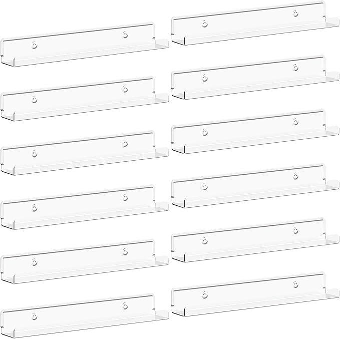 Lifewit Floating Shelves for Vinyl Record, 12 Pack 12" Clear Acrylic Wall Shelf Room Decor for Book/Photo/Picture/Makeup Display in Bedroom, Living Room, Bathroom Storage and Organization