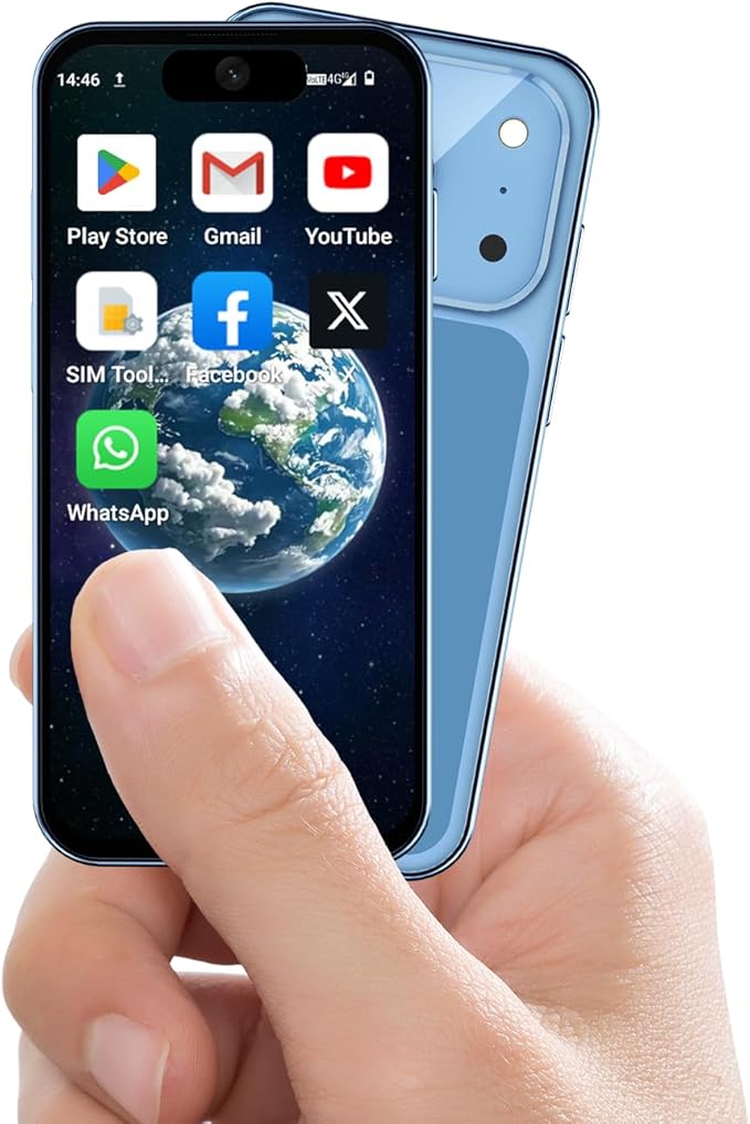 Leesoosa Mini Smartphone with 3.88-inch HD Touchscreen, 4G Dual SIM, Android 12, Face ID, Compact, Pocket-Sized for Students, Suitable as a Backup Phone or a Gift for Children 3GB+32GB (Blue)
