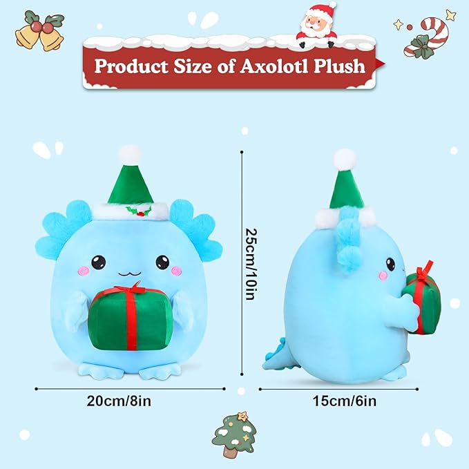 Christmas Axolotl Plush, Cute Axolotl Holding Gift Stuffed Animals Christmas Day Decor Party Favors for Kids & Adults (Blue)