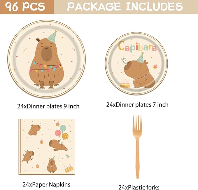 96 Pcs Capybara Party Decorations Pack for Boys Girls, Cute Capybara Birthday Supplies Includes Plates, Napkins, Forks for Animals Themed Party Supplies, Serve 24