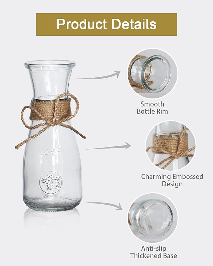 10Pcs Small Glass Vases Set - Clear Mini Bud Vases with Twine Ropes, Vintage Farmhouse Style for Flower Arrangements, Centerpieces, Wedding, Home and Table Decor