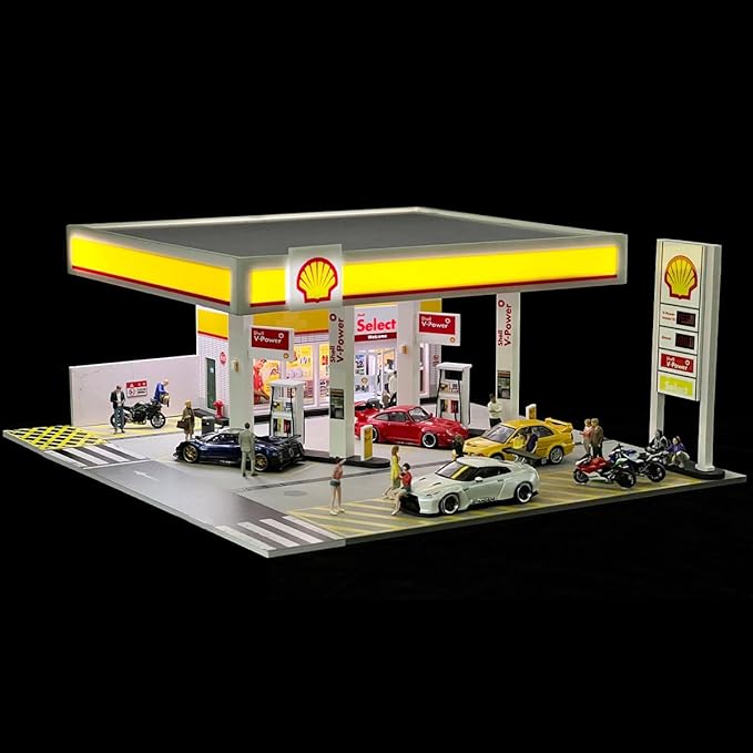 1/64 Scale Shell Gas Station Building Scene Model, Gas Station Architecture Scene, DIY Miniature Building Model for Teens (Cars & Figures Not Included)