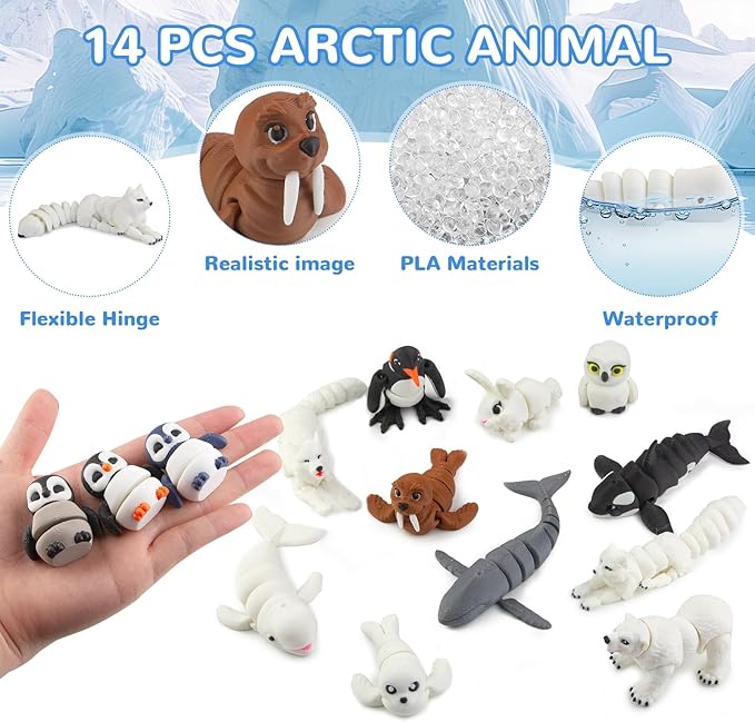 14PCS 3D Printed Arctic Animals Figurines Toys, Realistic Polar Animal Articulated Bath Toys with Polar Bear Fox Penguin Orca Cake Toppers Christmas Birthday Toy Gift for Toddlers Kids
