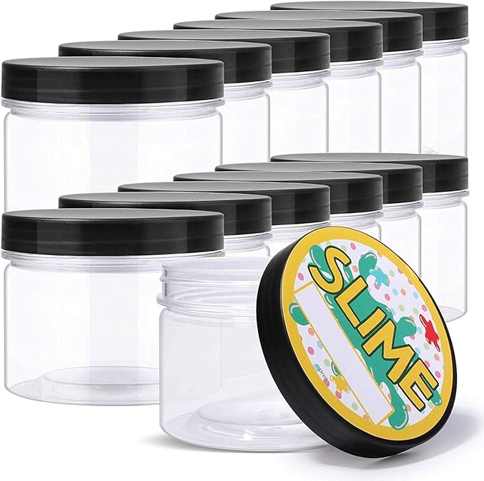 Opret 12 Pack 10oz Empty Slime Containers, Large Plastic Slime Jars with Lids and Labels Clear Storage Organizers for Slime Making, Food and Beauty Products, BPA Free