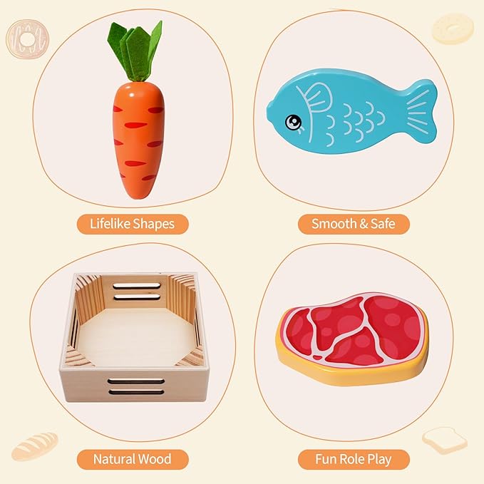 Food Groups - 20 Wooden Play Food Sets & 4 Crates & 4 Mini Blackboard & 15 Play Money, Pretend Toy Food Kitchen Accessories for Toddlers & Kids Ages 3+