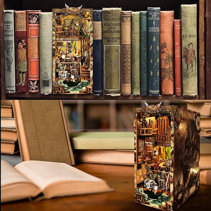 STRUCWOOD DIY Book Nook Kit - Pirate 3D Wooden Miniature Puzzles with LED Light Dollhouse Model Craft Kits for Adults Bookshelf Insert Decor Gifts for Adults - New World Ship (SQ-36)