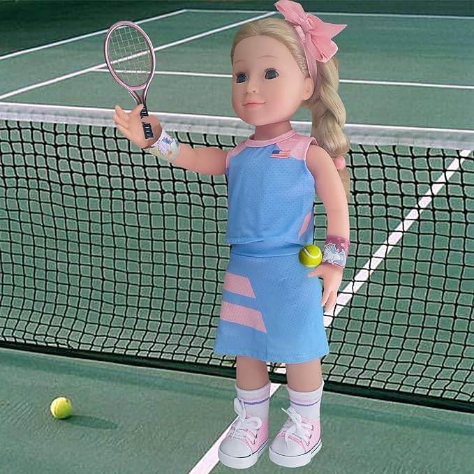 Wenzhuo 18inch Doll Clothes and accessories-18 Dolls Tennis Sports Outfits-Tops, Short Skirt, Headbands, Hair Band，Doll Socks, Dolls Shoes, Rackets, Ball