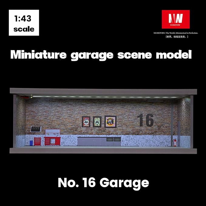 1/43 Diorama Display Case with Tri-Colour Dimmable Lighting, Fits for Hot Wheel Matchbox Mini GT Diecast Cars Model,1:43 Car Garage Parking Lot Scene Display Storage (No.16 Garage)