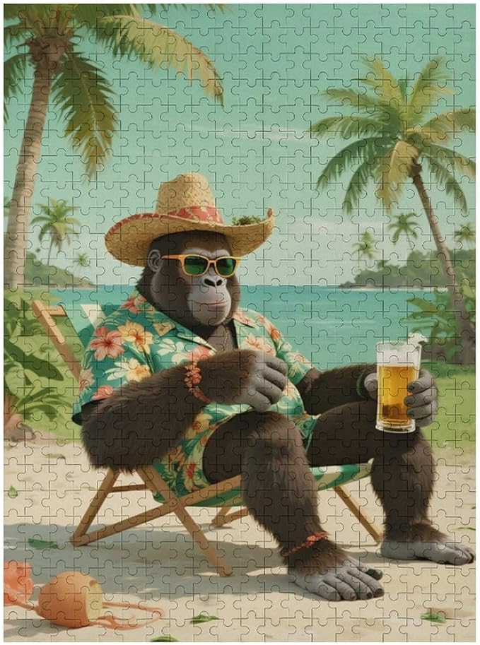 Summer Gorilla – 1000 Piece Creative Wildlife Wooden Jigsaw Puzzle, Playful Summer Gorilla Illustration, Brain Teaser, Family Entertainment