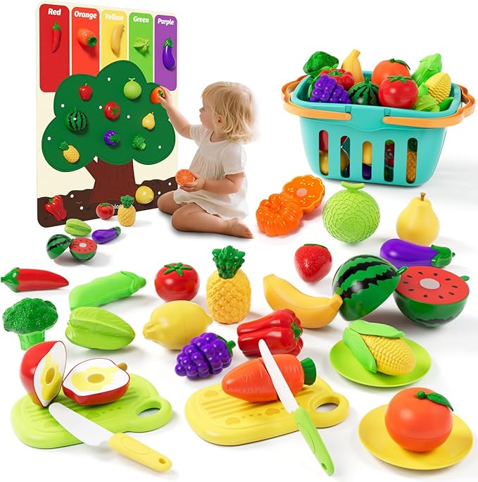 Play Food Set with Cutting Fruits&Felt Tree Mat, Pretend Food Play Kitchen Accessories, Toy Kitchen Food Playset for Toddlers, Preschool Learning Toys for Kids Ages 3 4 5 6 Boys Girls Gift