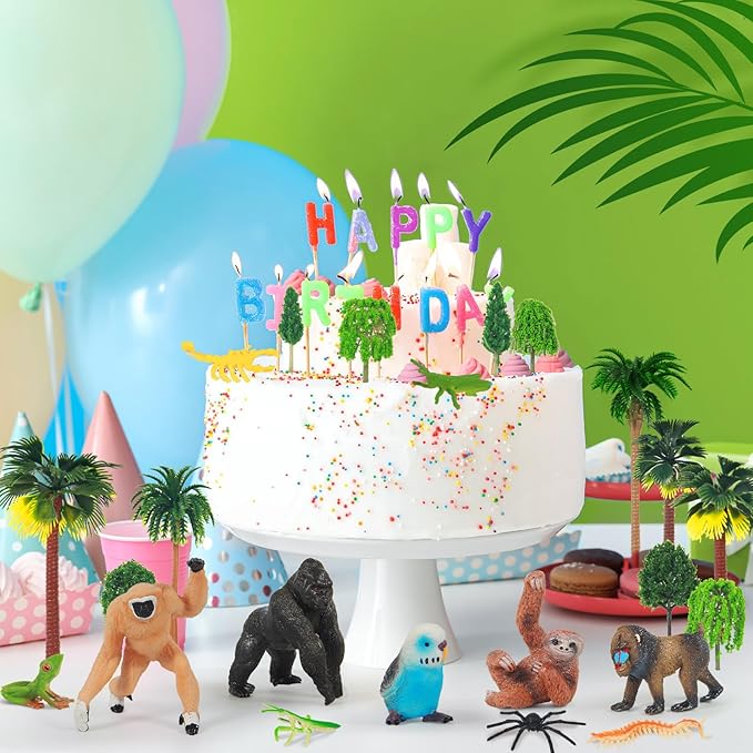 35 Pack Rainforest Animals Figures Set Animal Cake Decor Assorted Creatures Diorama Animals Model Trees for Birthday Party Favors, Piñata Fillers