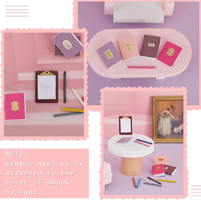 Sumind 4 Pieces Miniature Books with 8 Pcs Pencils and 2 Pcs Clipboards Mini House Decoration Accessories Coloring House Play Set for Miniature Room, DIY Crafting(Novel Style)