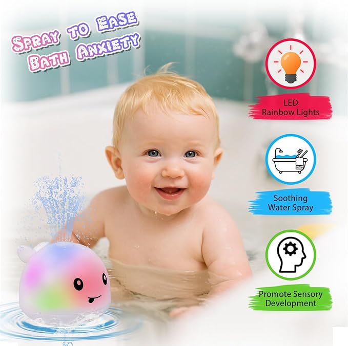 ArtCredit Light Up Bath Toy Sprinkler for Babies, Rechargeable Bathtub Pool Water Toys Baby Gifts for Toddlers, Shower Essentials (White Whale)