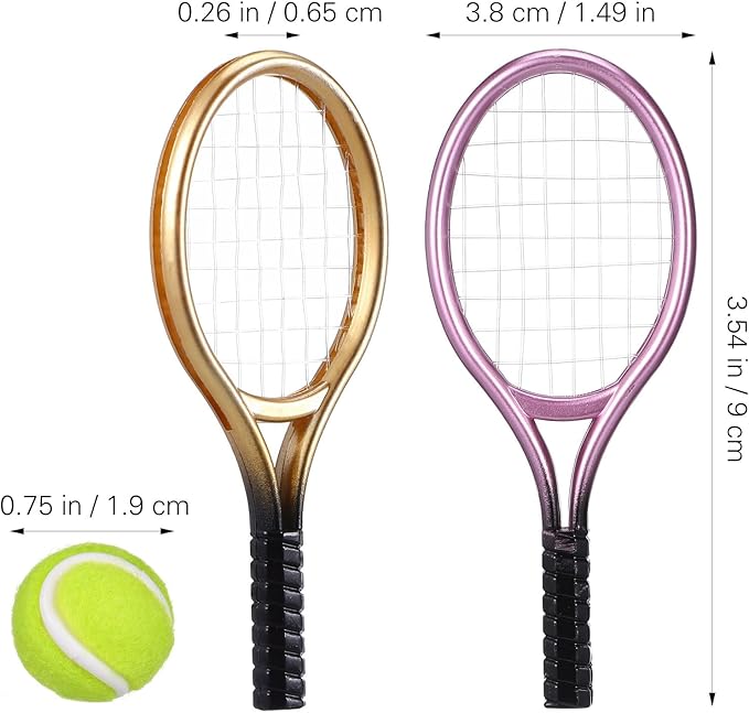 Kisangel 2 Sets Mini Tennis Rackets and Balls, 1:12 Dollhouse Tennis Toy Miniature Tennis Kit Mini Tennis Cake Decorations Topper for Sports Equipment