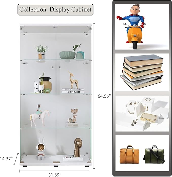 Display Cabinet with Glass Doors, 4-Tier Curio Cabinet with LED Lights for Collectibles (2700K-6000K), Glass Display Case with Remote Control