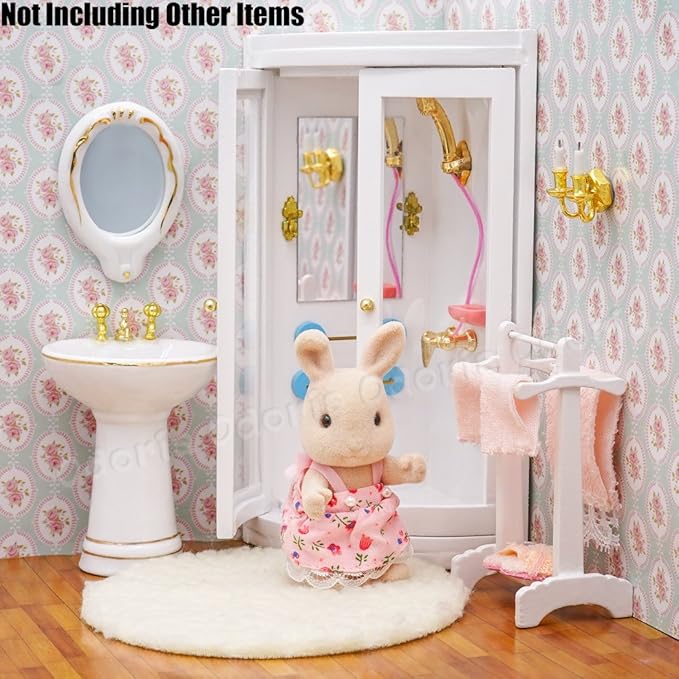 Odoria Dollhouse Shower Enclosure Miniature: 1/12 Scale Shower Room Corner for Modern Bathroom - Mini Wood Furniture White
