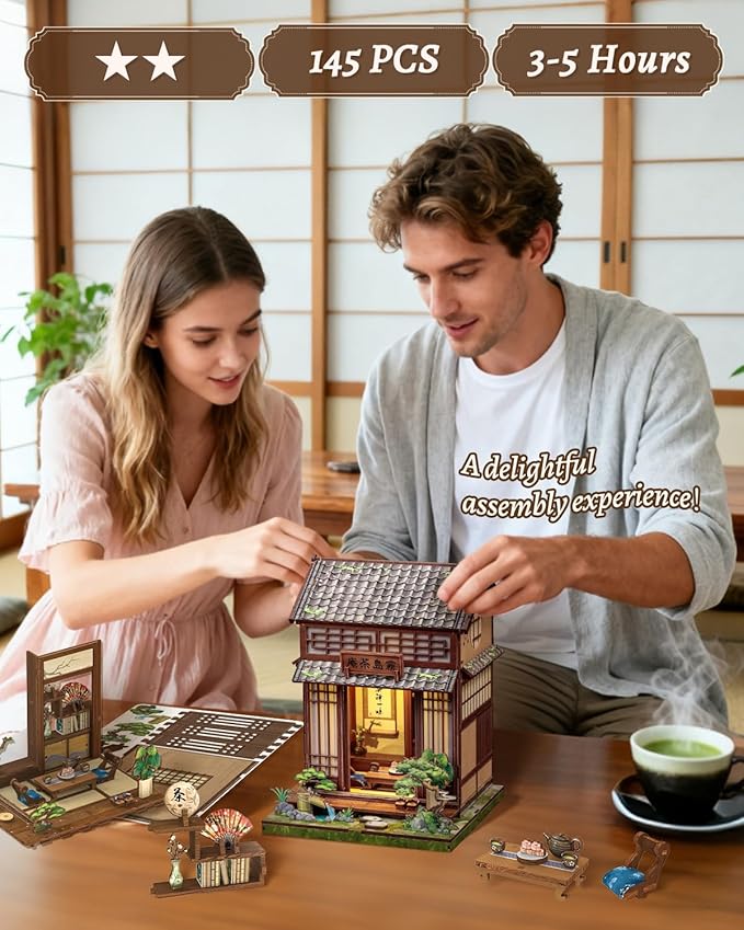 CUTEBEE Book Nook Kit - DIY Miniature House Japanese Tea House, Dollhouse Kit for Adults and Teens, Tiny House Bookshelf Decor 3D Wooden Puzzle, Gifts for Family, Friends(Kirishima Cha-an)