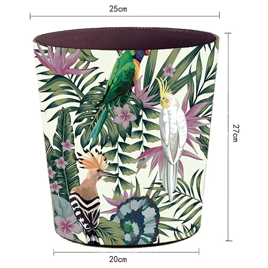 Scakbyer 10L/2.64 Gallon Trash Can, Decorative Waste Basket, PU Leather Waste Paper Basket, Waterproof Garbage Can for Bathroom, Bedroom, Office, Kitchen and Living Room - Green and White Bird