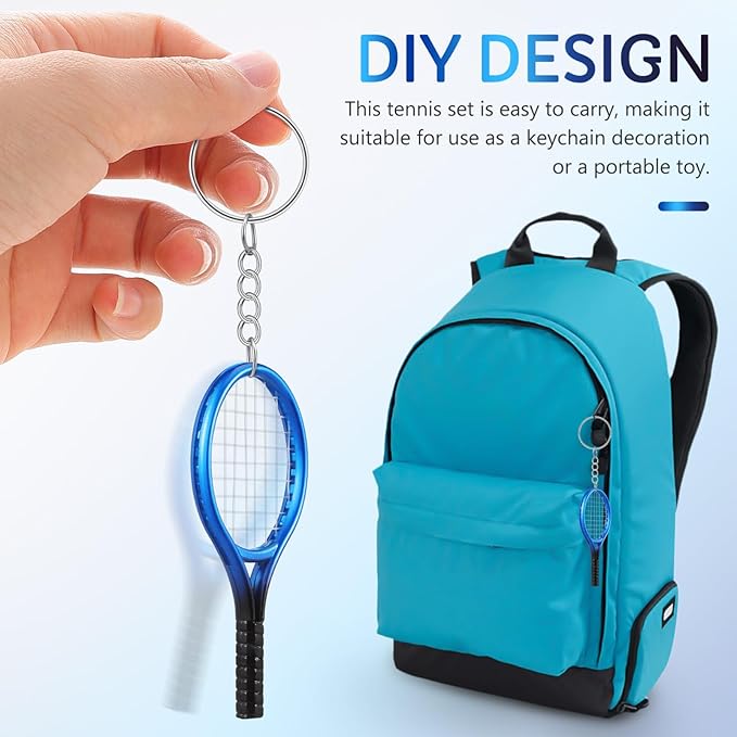 Kisangel 4 Sets Mini Tennis Rackets, Baby Tennis Racket and Balls Miniature Cake Topper Decorations Keychain Kit Dollhouse Toy for Sports Equipment