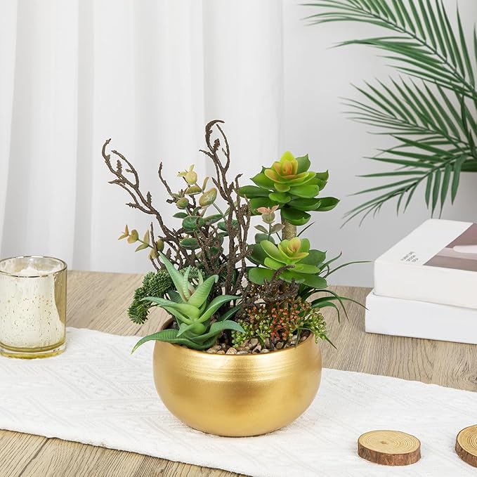 DILATATA Artificial Succulent Plants in Gold Pot Faux Succulent Arrangement Fake Potted Plants with Pebbles for Home Office Desk Shelf Table Decor