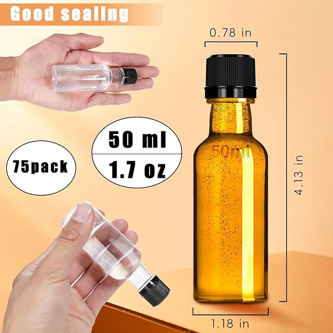 75pcs Mini Plastic Liquor Bottles, 2oz Shot Bottles with Caps Small Plastic Alcohol Bottles Food-Grade Leakproof Containers for Shots, Party Favors, Travel & DIY Crafts