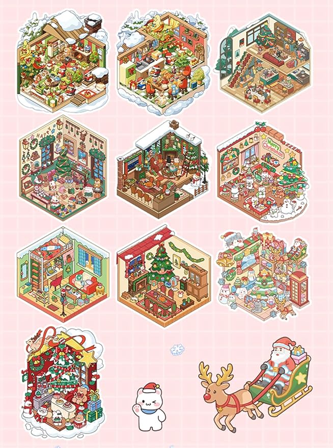Christmas Sticker Book Collection, 10 Sets 3D Christmas Stickers, DIY 3D Miniature House Stickers Collection Book, Make Gifts for Adults and Kids, Fun Simulated Scene Game for Girls