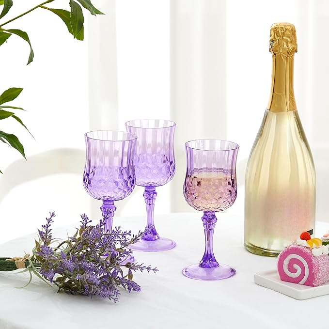 Pinkunn 24 Pcs 7 oz Plastic Vintage Wine Glasses Reusable Colored Goblets Patterned Drinking Water Glasses Cup Dishwasher Safe for Valentine's Day Wedding Reception Party Supplies (Purple)