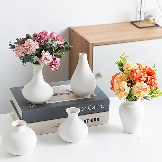 Small Ceramic Vase Set of 5, Modern White Vase, Bud Vase, Boho Decorative Vase for Fireplace, Entryway and Living Room, Centerpiece Table Decorations