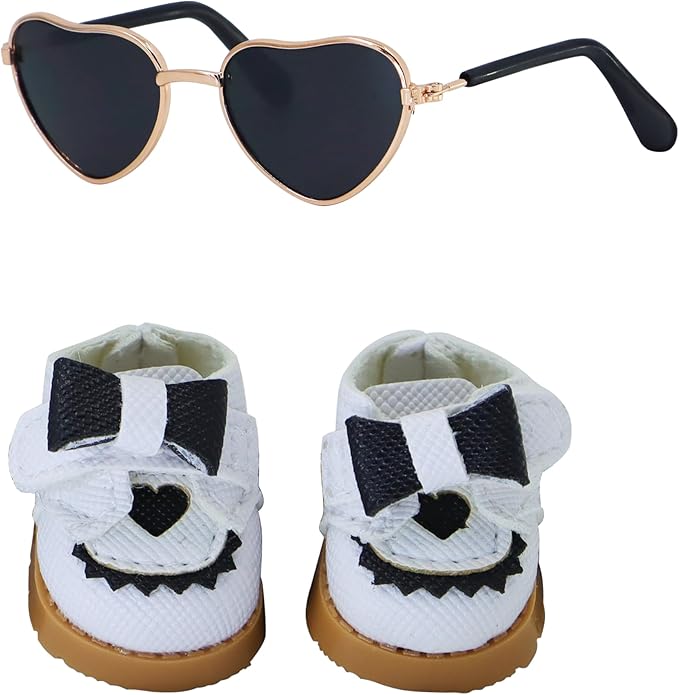 Suitable for 17cm Doll Clothing Accessories Set, Mini Fashionable Small Leather Shoes with Bow Tie and Glasses Two-Piece Set (White2)
