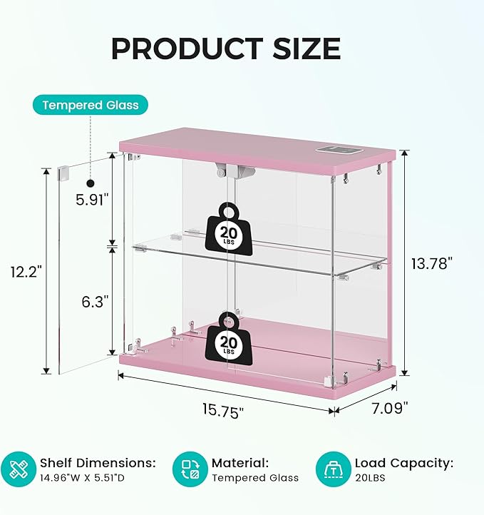 2pcs LED Clear Glass Display Case - for Figures & Collectibles, Small 2-Tier Display Cabinet with Charging Station, Display Box with Lights & Human Sensor, for Model Car, Perfume, Pink