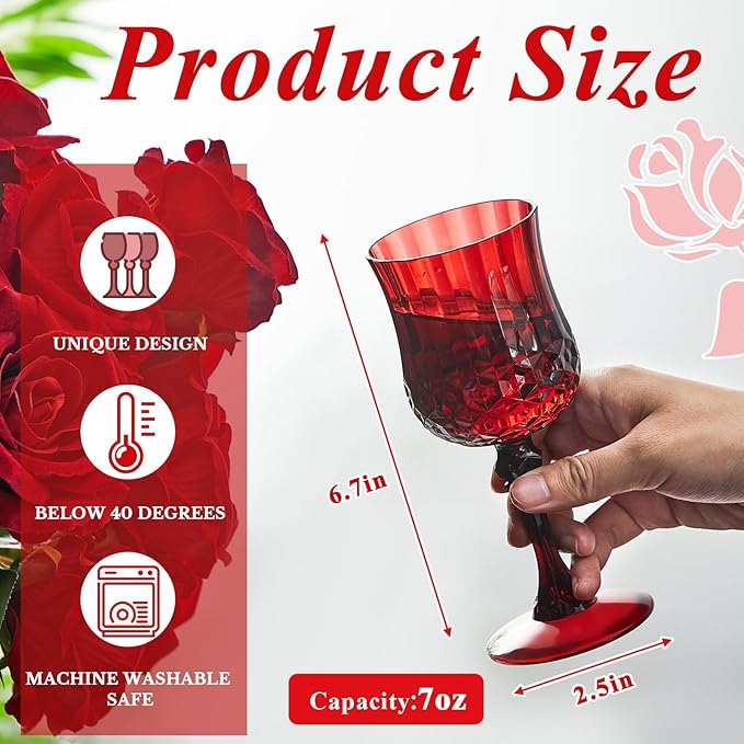Pinkunn 24 Pcs 7 oz Plastic Vintage Wine Glasses Reusable Colored Goblets Patterned Drinking Water Glasses Cup Dishwasher Safe for Valentine's Day Wedding Reception Party Supplies (Red)