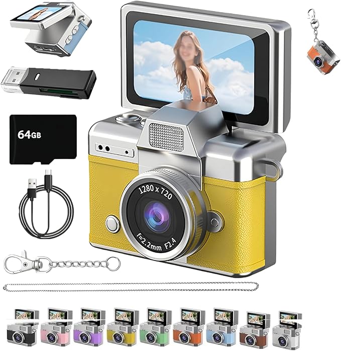 Thumb-Sized Flip Screen Mini Camera, Mini Keychain Digital Camera, Flip Screen Mini Camera with Built-in Flash & Flip Display, 64GB Memory, Portable Keychain Camera for Travel & Daily Use (1, Yellow)