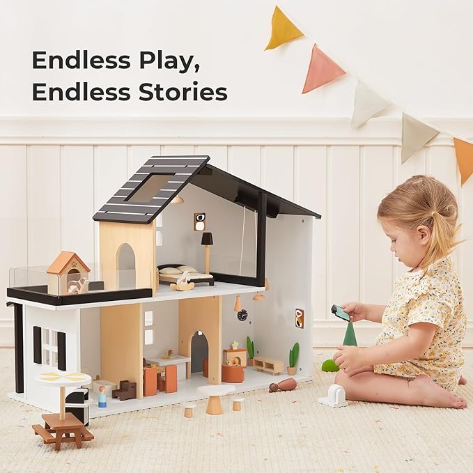 OOOK Wooden Dollhouse, Modern Doll House with 66Pcs Luxurious Furniture Accessories, Including Dolls and Pet Sets, Wood Dollhouse Toy for Boys and Girls 3+