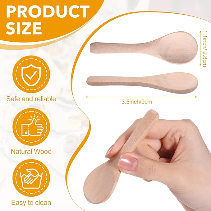 Boao 100 Pcs Small Wooden Spoons, 3.5'' L, Mini Wood Natural Tiny Spoons Wooden Little Teaspoons for Jars Sugar Creamer Honey Spices Salt Kitchen Supplies (Wood Color)